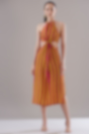 Orange Yellow Pure Silk Crepe Printed Dress by JOY