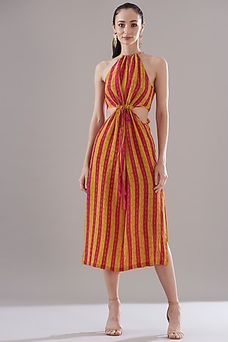 Orange Yellow Pure Silk Crepe Printed Dress by JOY