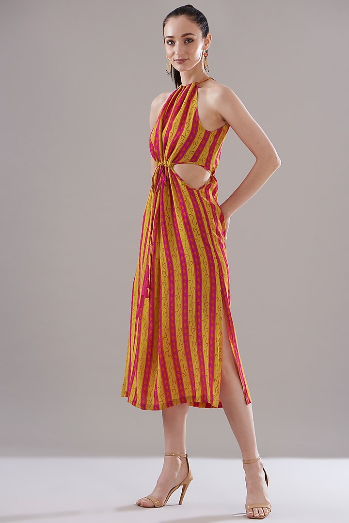 Orange Yellow Pure Silk Crepe Printed Vacation Dress by JOY at Pernia's Pop Up Shop
