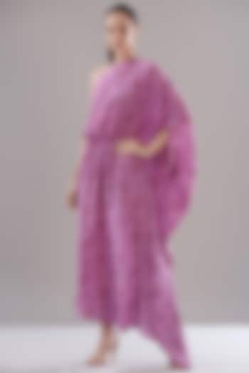 Lavender Pure Silk Crepe Printed One-Shoulder Dress by JOY