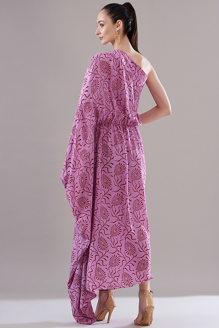 Lavender Pure Silk Crepe Printed One-Shoulder Vacation Dress by JOY at Pernia's Pop Up Shop
