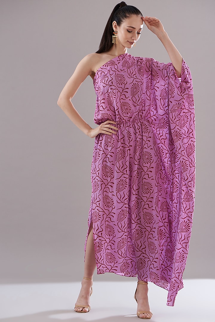 Lavender Pure Silk Crepe Printed One-Shoulder Vacation Dress by JOY at Pernia's Pop Up Shop