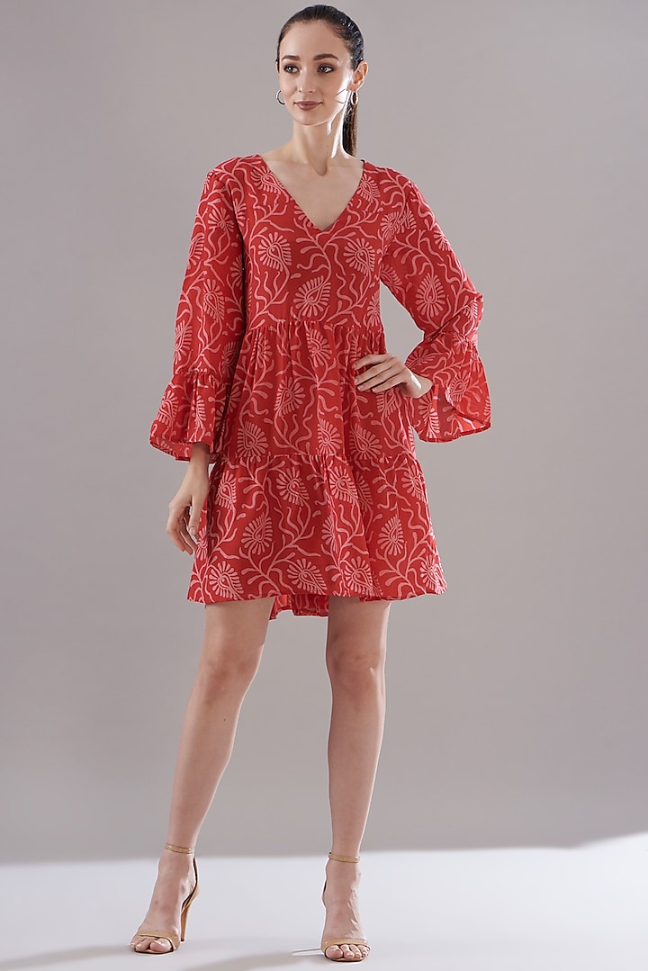 Red Pure Silk Crepe Printed Dress by JOY