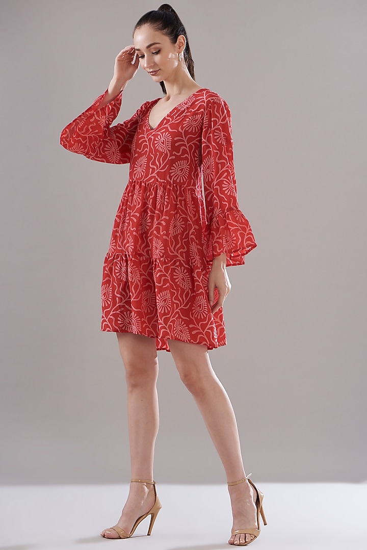 Red Pure Silk Crepe Printed Summer Dress by JOY at Pernia's Pop Up Shop
