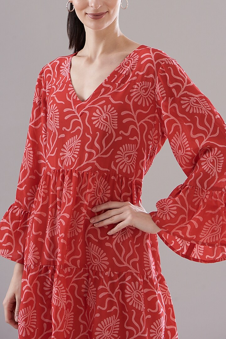 Red Pure Silk Crepe Printed Summer Dress by JOY at Pernia's Pop Up Shop