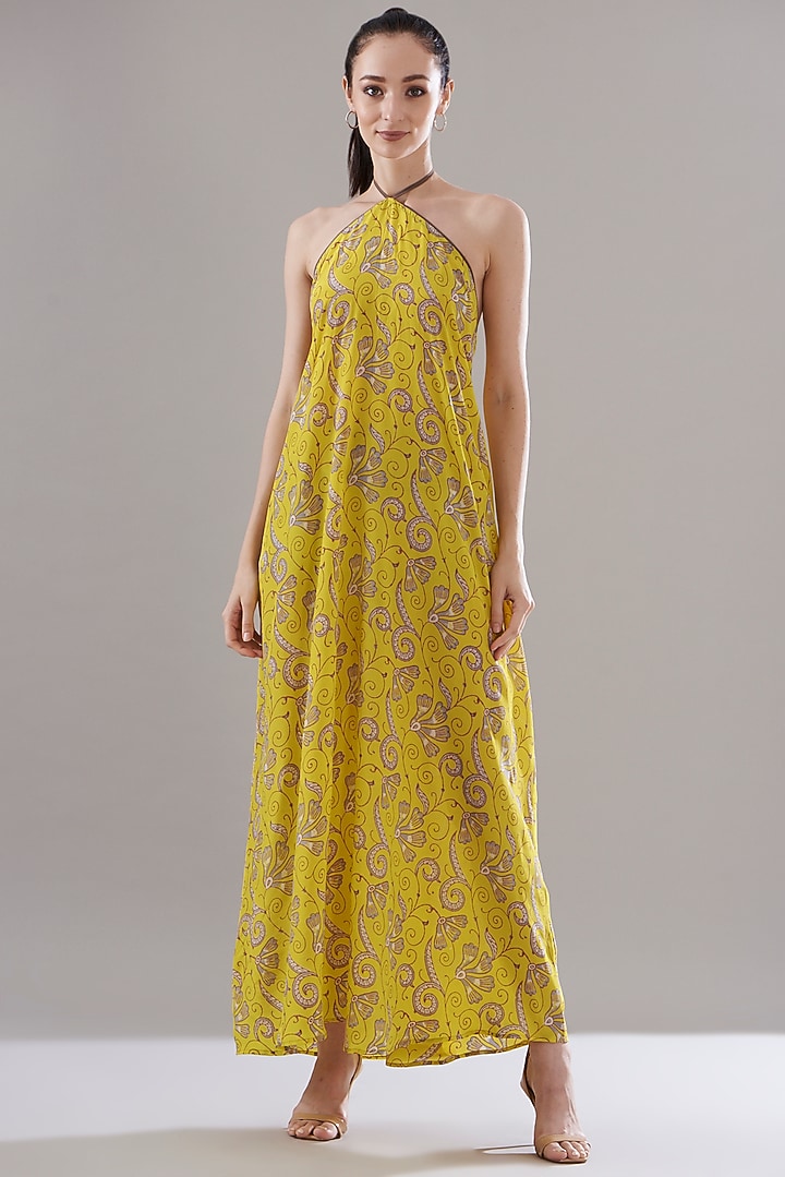 Yellow Pure Silk Crepe Printed Vacation Dress by JOY at Pernia's Pop Up Shop