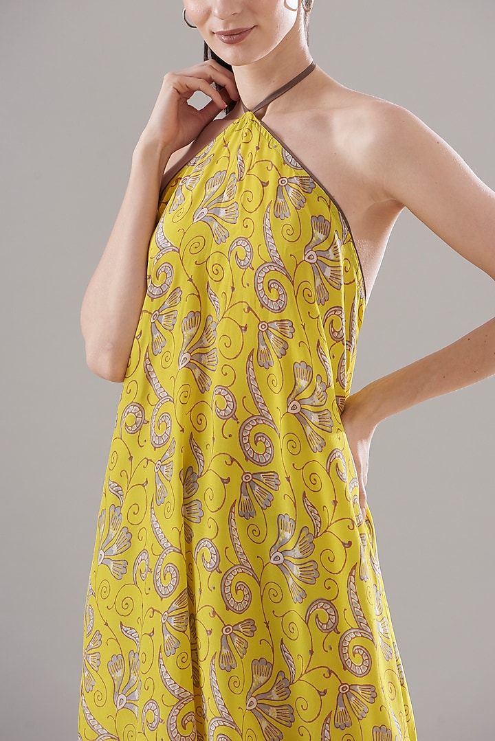 Yellow Pure Silk Crepe Printed Vacation Dress by JOY at Pernia's Pop Up Shop