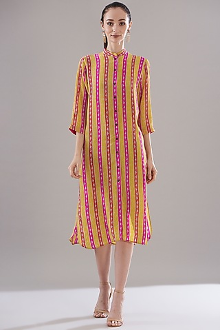 Yellow Pure Silk Crepe Printed Dress by JOY