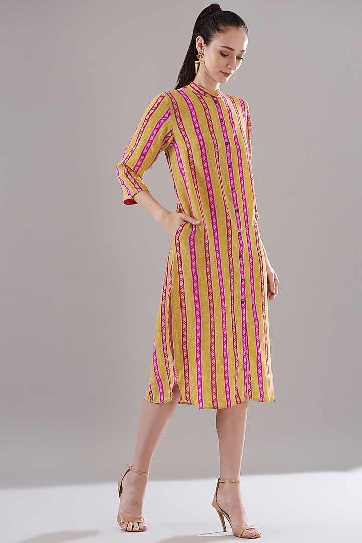 Yellow Pure Silk Crepe Printed Vacation Dress by JOY at Pernia's Pop Up Shop