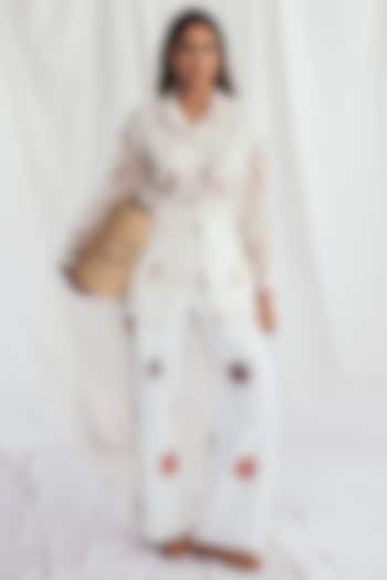 White Chanderi Hand-Block Printed & Embroidered Shirt by Jodi at Pernia's Pop Up Shop