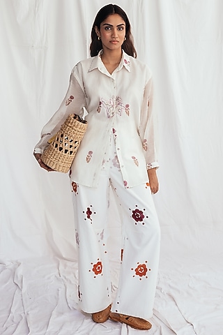 White Chanderi Hand-Block Printed & Embroidered Shirt by Jodi