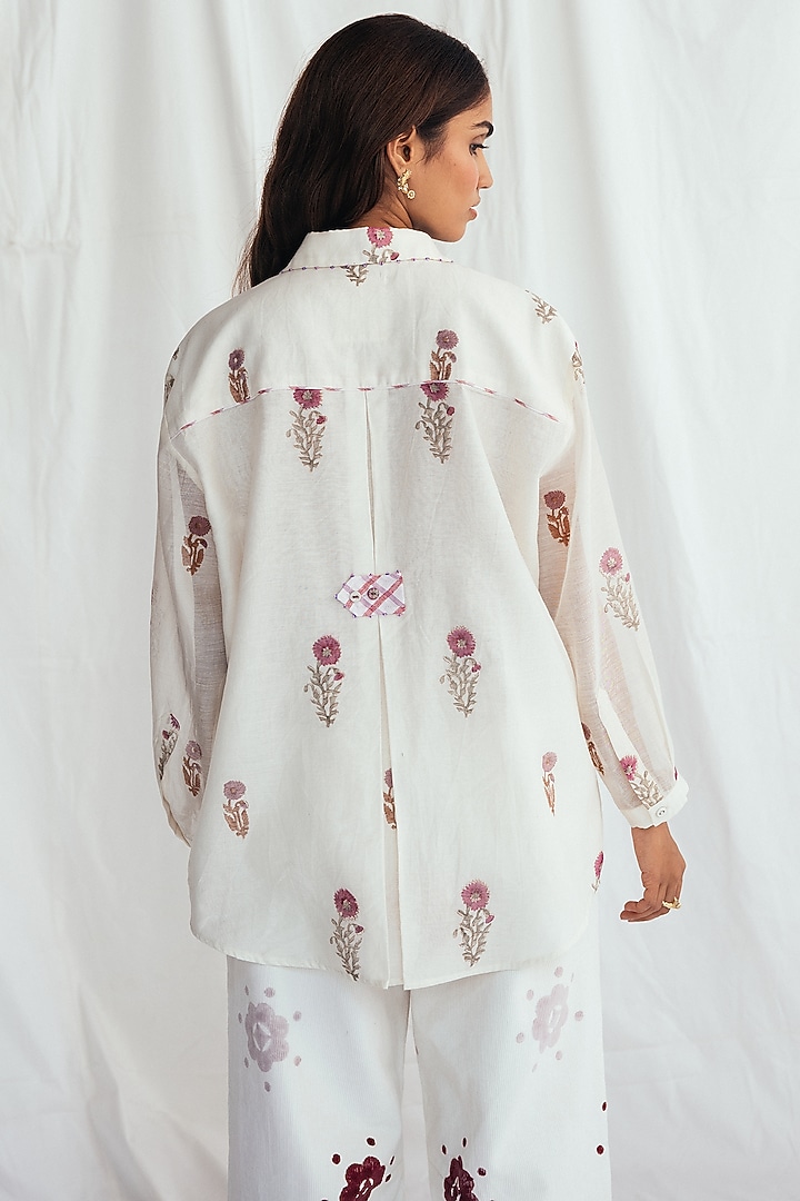 White Chanderi Hand-Block Printed & Embroidered Shirt by Jodi at Pernia's Pop Up Shop