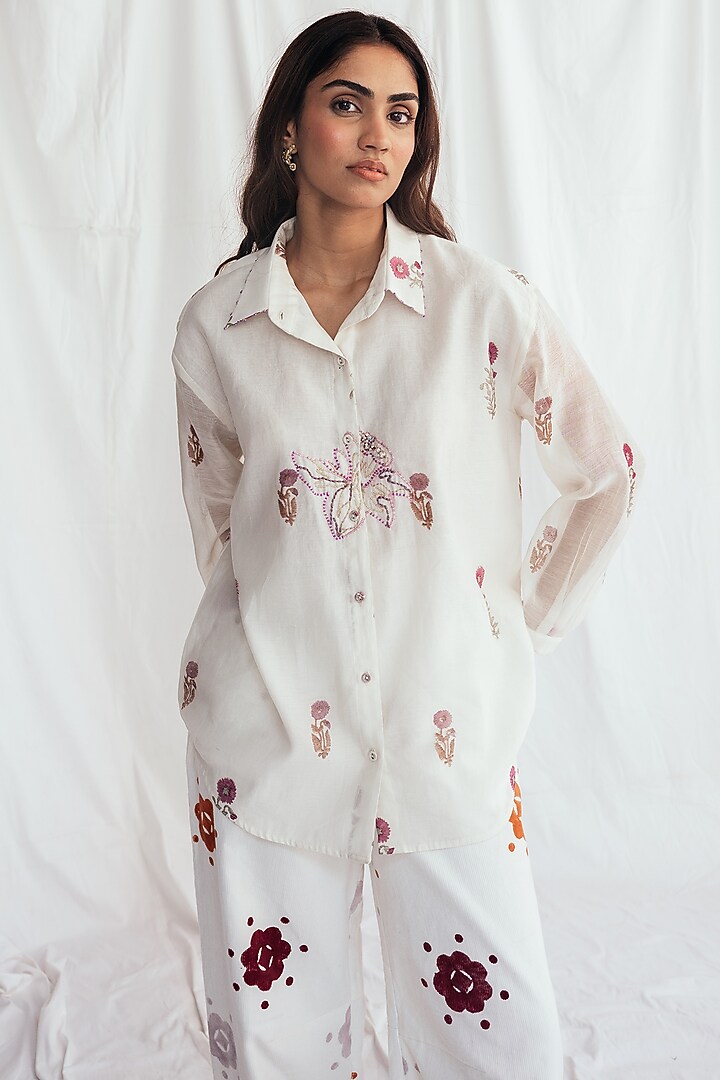 White Chanderi Hand-Block Printed & Embroidered Shirt by Jodi at Pernia's Pop Up Shop