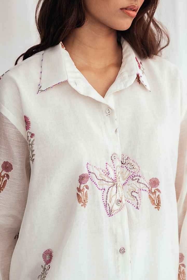 White Chanderi Hand-Block Printed & Embroidered Shirt by Jodi at Pernia's Pop Up Shop