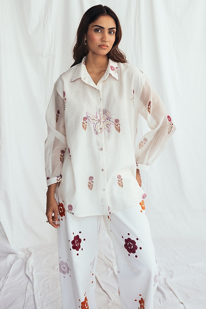 White Chanderi Hand-Block Printed & Embroidered Shirt by Jodi at Pernia's Pop Up Shop