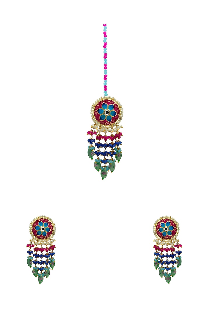 Gold Finish Enameled Rani Pink Meenakari Maang tikka Set by Johori at Pernia's Pop Up Shop