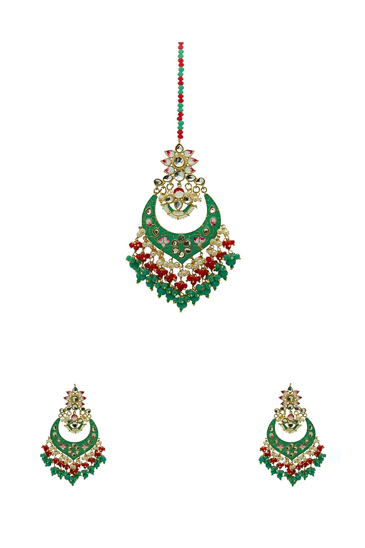 Gold Finish Enameled Dark Mint Meenakari Maang tikka Set by Johori at Pernia's Pop Up Shop