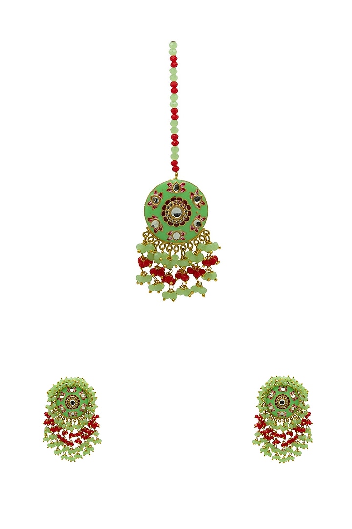 Gold Finish Green Beaded Meenakari Maang tikka Set by Johori at Pernia's Pop Up Shop
