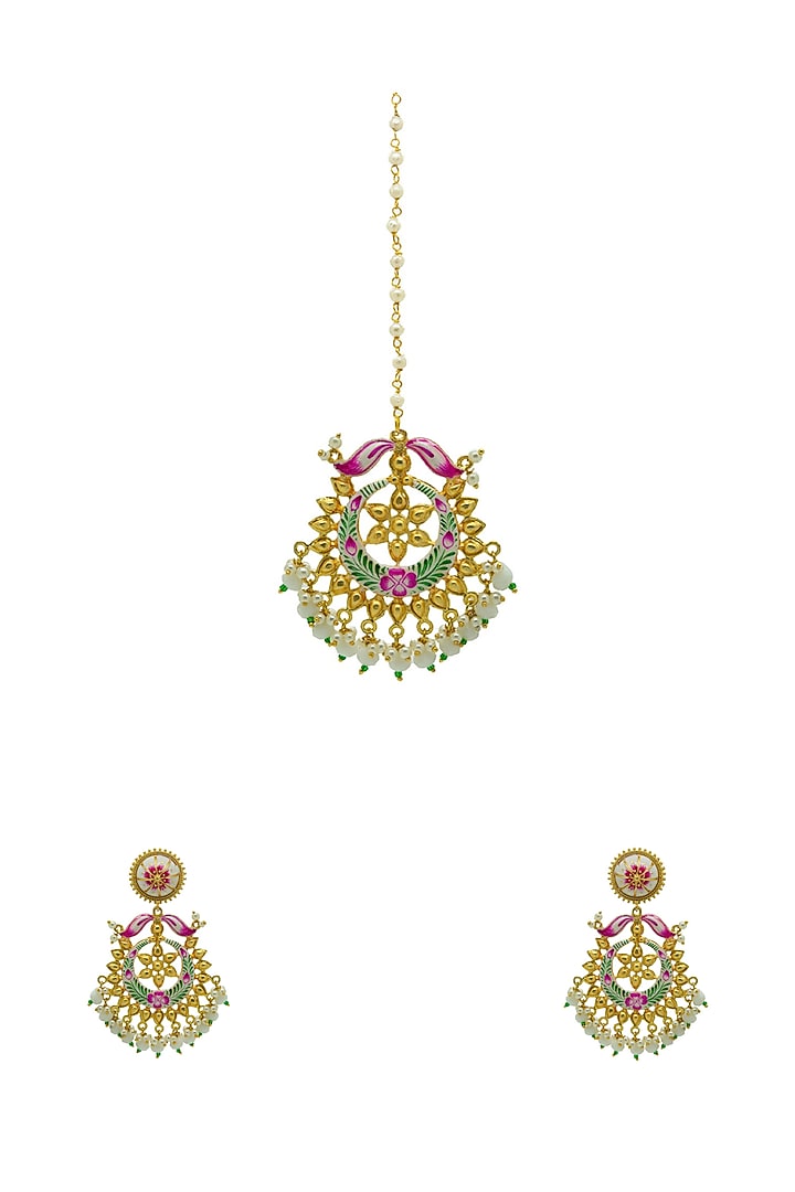 Gold Finish Enameled Handpainted Floral Maang tikka Set by Johori at Pernia's Pop Up Shop
