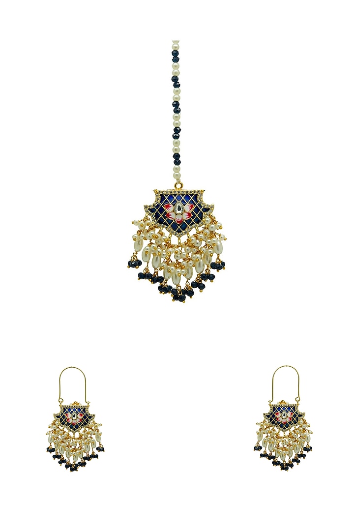 Gold Finish Blue Beaded Enameled Meenakari Maang tikka Set by Johori at Pernia's Pop Up Shop