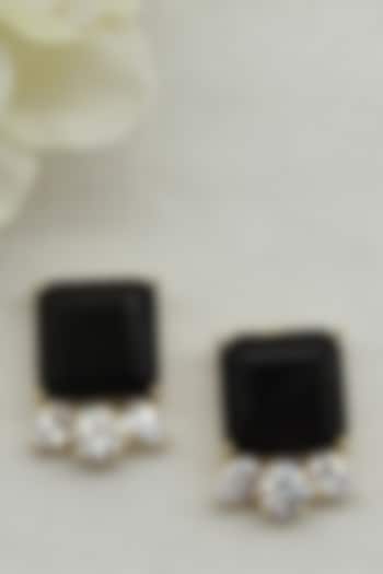 Gold Finish Black & White Synthetic Stone Stud Earrings by Johori at Pernia's Pop Up Shop