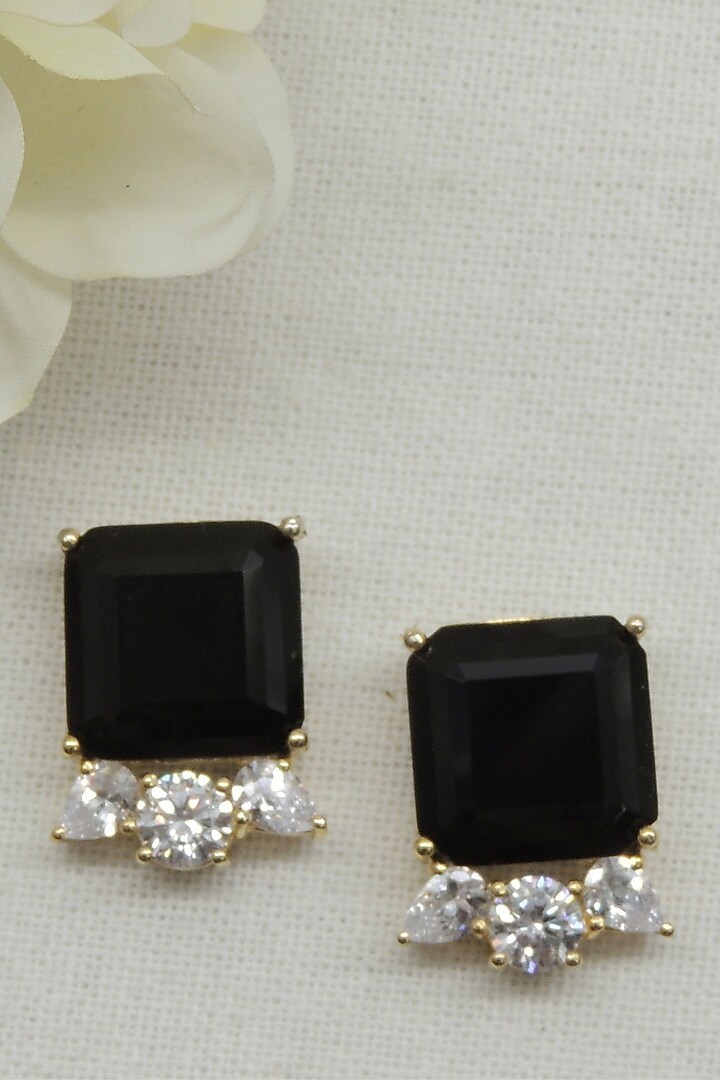 Gold Finish Black & White Synthetic Stone Stud Earrings by Johori at Pernia's Pop Up Shop