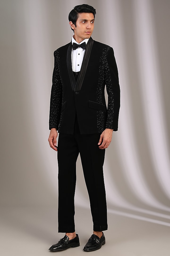 Black Velvet Pearl Embroidered Tuxedo Set by Sarab Khanijou