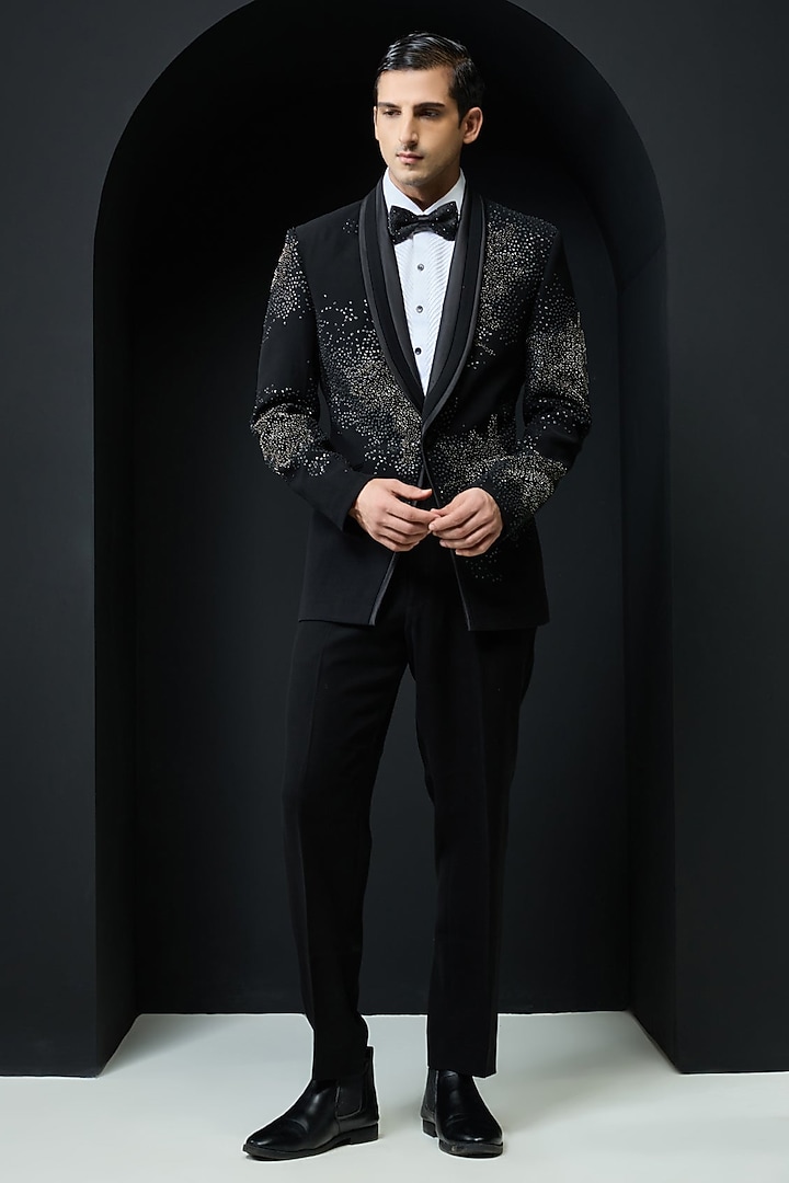 Black Sandwash Cutdana Embroidered Tuxedo Set by Sarab Khanijou at Pernia's Pop Up Shop