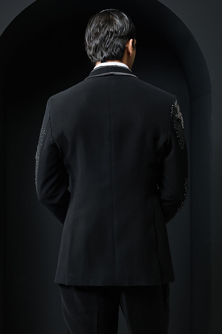 Black Sandwash Cutdana Embroidered Tuxedo Set by Sarab Khanijou at Pernia's Pop Up Shop