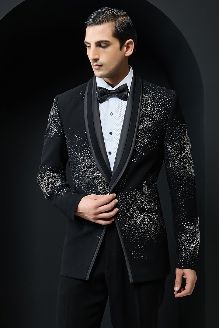 Black Sandwash Cutdana Embroidered Tuxedo Set by Sarab Khanijou at Pernia's Pop Up Shop