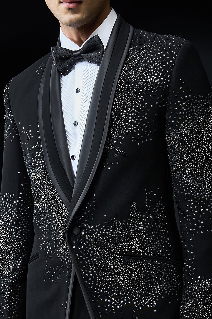 Black Sandwash Cutdana Embroidered Tuxedo Set by Sarab Khanijou at Pernia's Pop Up Shop