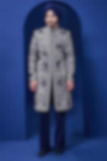 Black Sandwash Fabric Thread Work Groom Indowestern Set by Sarab Khanijou at Pernia's Pop Up Shop