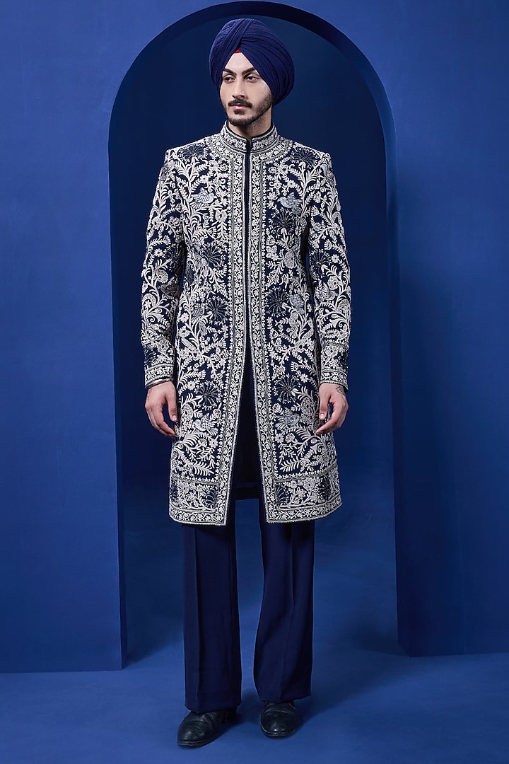 Black Sandwash Fabric Thread Work Groom Indowestern Set by Sarab Khanijou at Pernia's Pop Up Shop