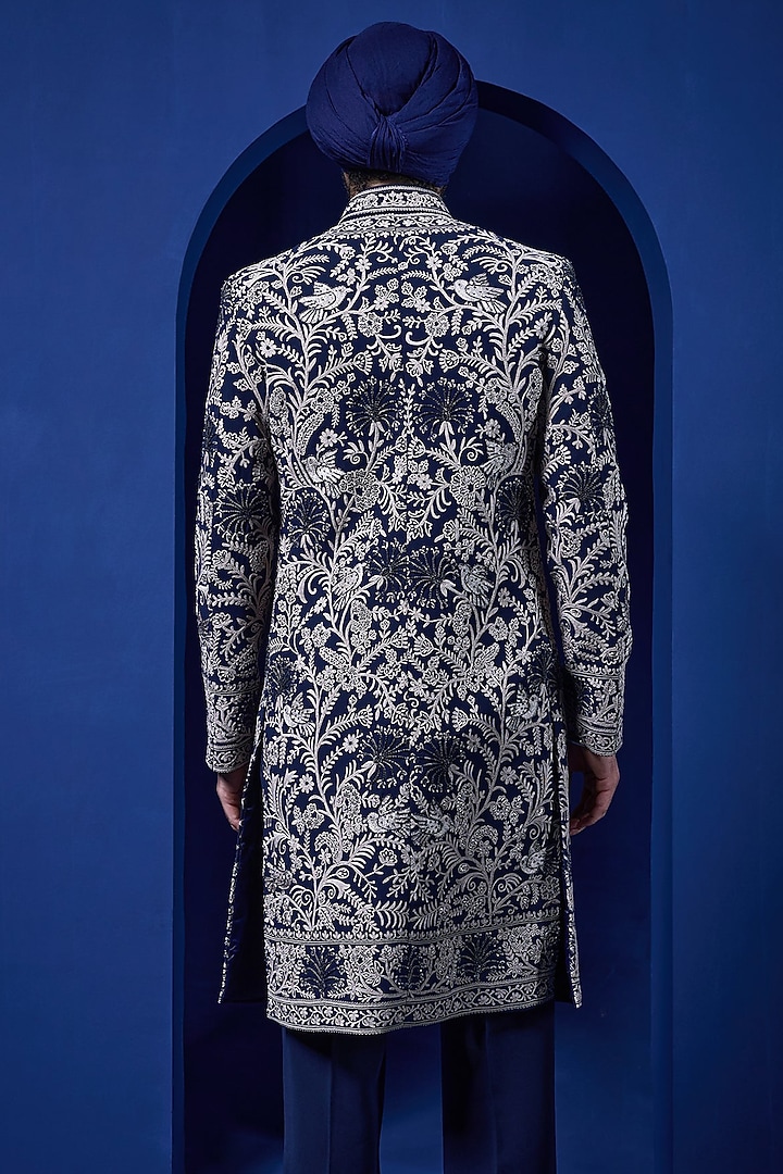 Black Sandwash Fabric Thread Work Groom Indowestern Set by Sarab Khanijou at Pernia's Pop Up Shop