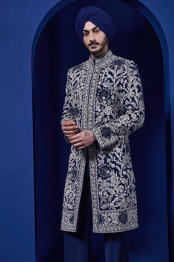 Black Sandwash Fabric Thread Work Groom Indowestern Set by Sarab Khanijou at Pernia's Pop Up Shop