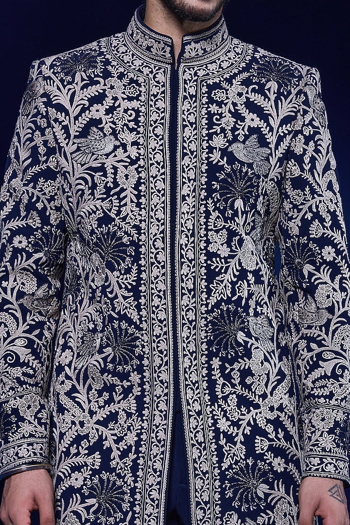 Black Sandwash Fabric Thread Work Groom Indowestern Set by Sarab Khanijou at Pernia's Pop Up Shop