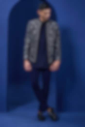 Navy Blue Velvet Threadwork Open Groom Bandhgala Set by Sarab Khanijou at Pernia's Pop Up Shop