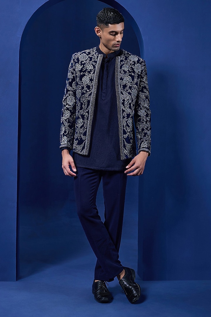 Navy Blue Velvet Threadwork Open Groom Bandhgala Set by Sarab Khanijou at Pernia's Pop Up Shop