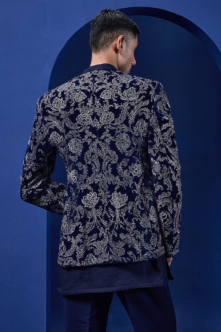 Navy Blue Velvet Threadwork Open Groom Bandhgala Set by Sarab Khanijou at Pernia's Pop Up Shop