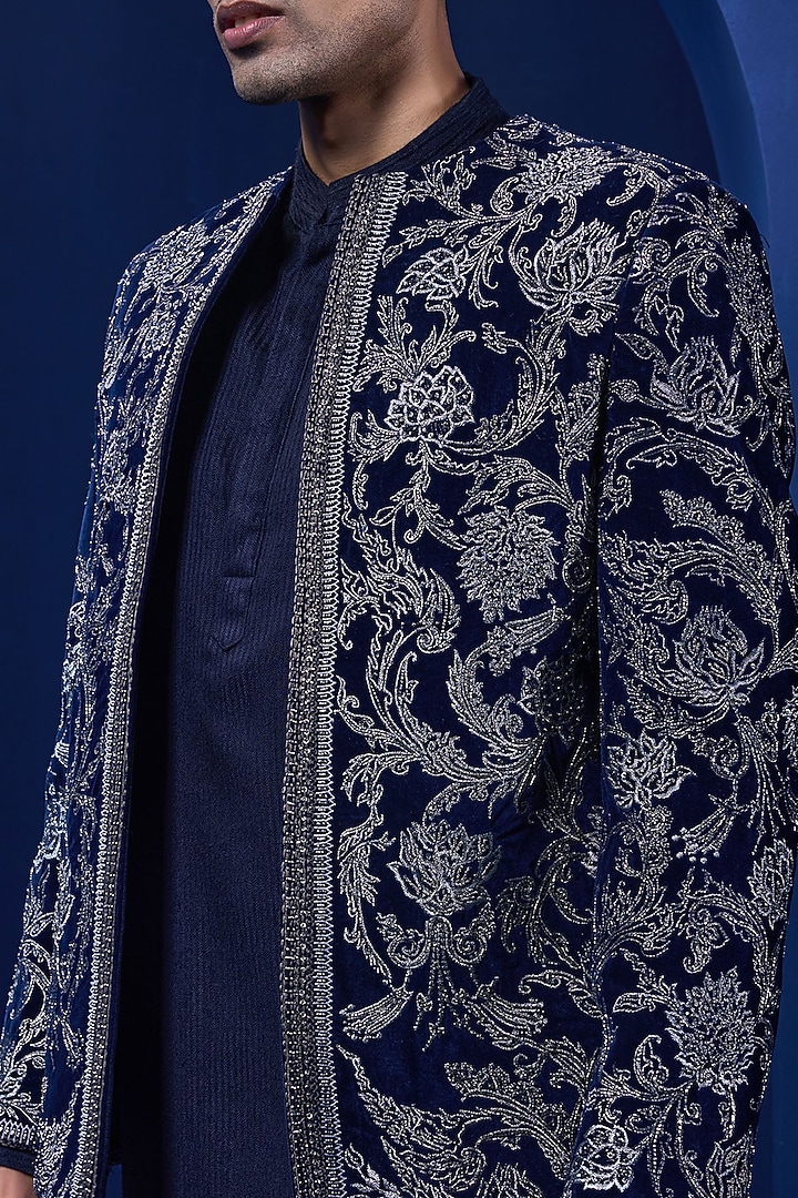 Navy Blue Velvet Threadwork Open Groom Bandhgala Set by Sarab Khanijou at Pernia's Pop Up Shop