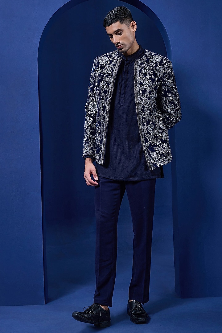 Navy Blue Velvet Threadwork Open Groom Bandhgala Set by Sarab Khanijou at Pernia's Pop Up Shop