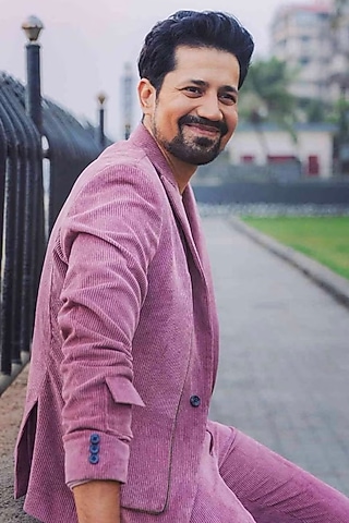 Salmon Pink Corduroy Blazer Set by Sarab Khanijou