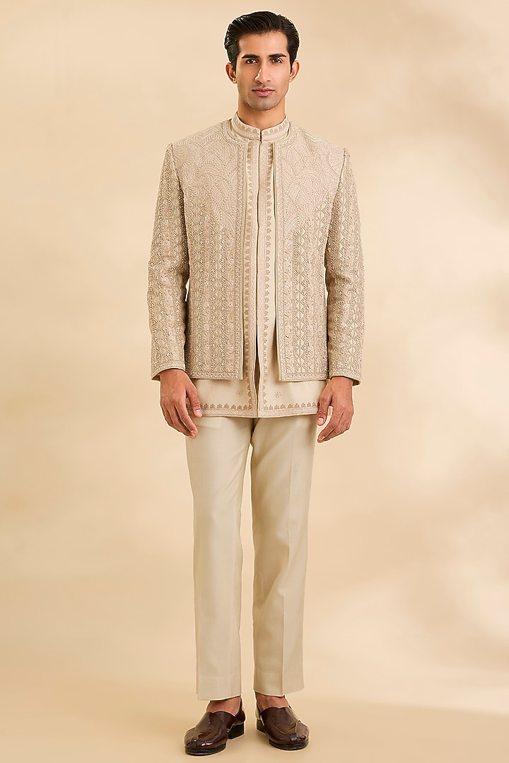 Sand Gold Silk Groom Indowestern Set by Sarab Khanijou at Pernia's Pop Up Shop