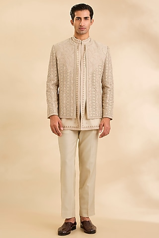 Sand Gold Silk Indowestern Set by Sarab Khanijou