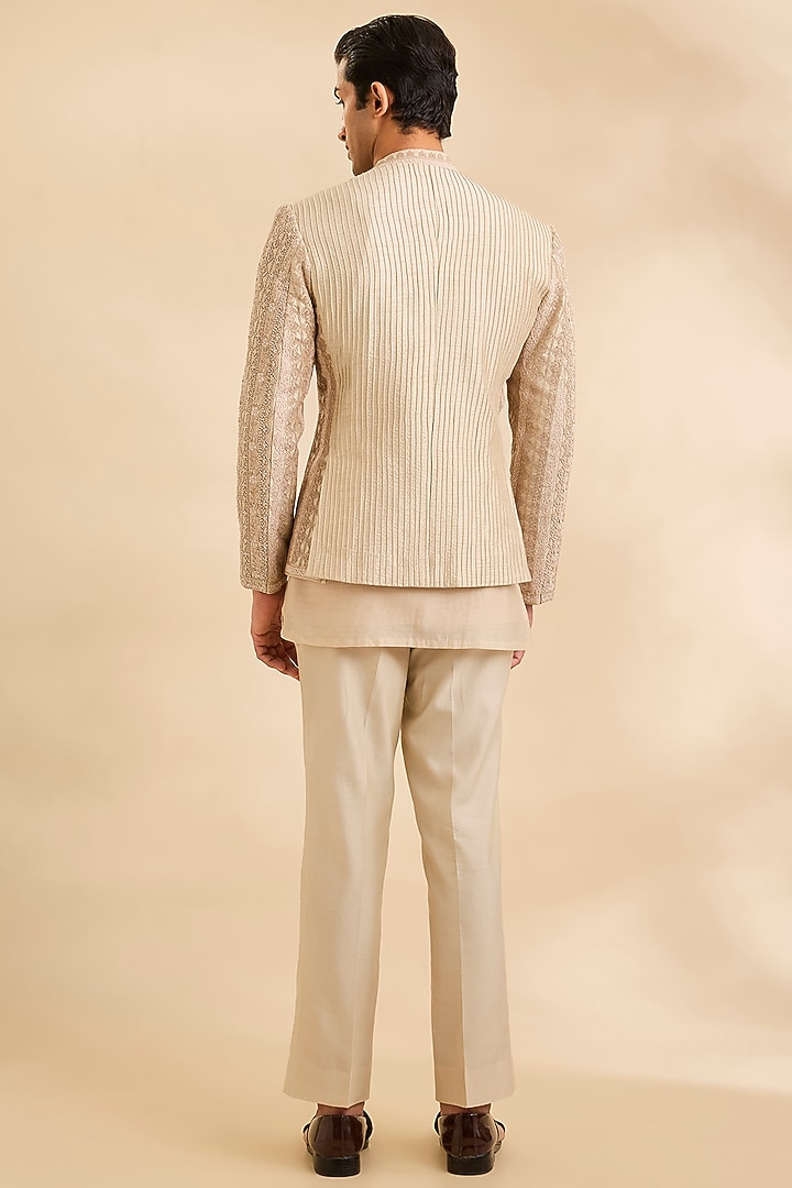 Sand Gold Silk Groom Indowestern Set by Sarab Khanijou at Pernia's Pop Up Shop