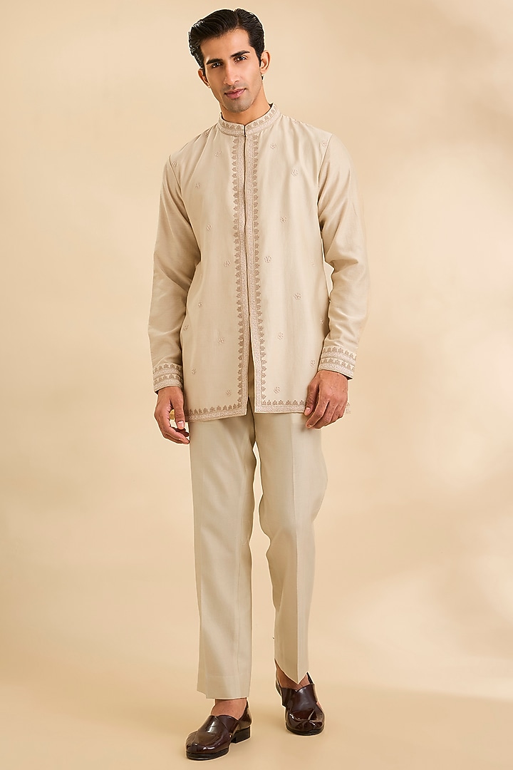 Sand Gold Silk Groom Indowestern Set by Sarab Khanijou at Pernia's Pop Up Shop