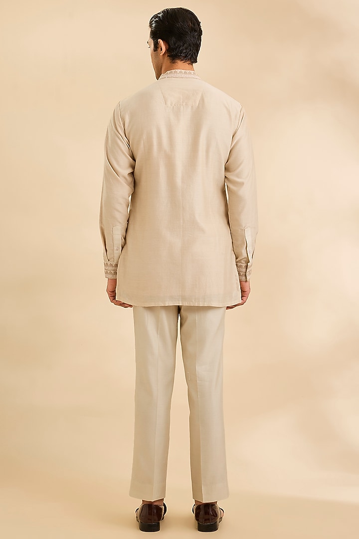 Sand Gold Silk Groom Indowestern Set by Sarab Khanijou at Pernia's Pop Up Shop