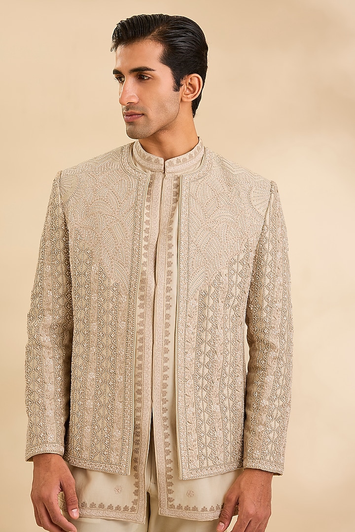 Sand Gold Silk Groom Indowestern Set by Sarab Khanijou at Pernia's Pop Up Shop