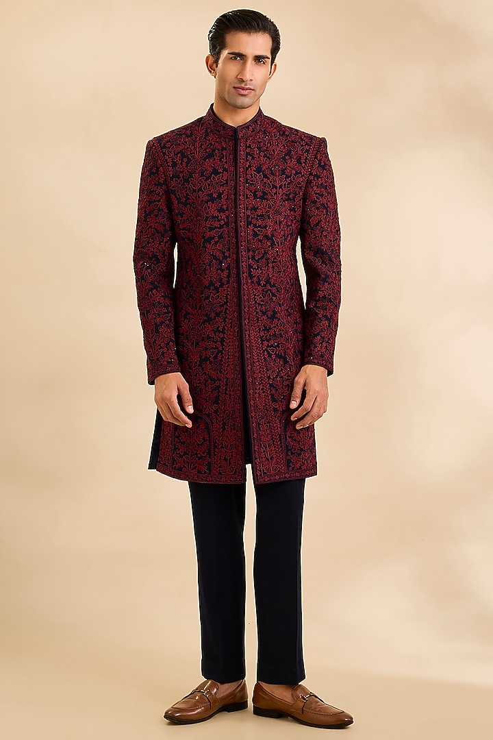 Wine & Navy Sandwash Fabric Groom Indowestern Set by Sarab Khanijou at Pernia's Pop Up Shop