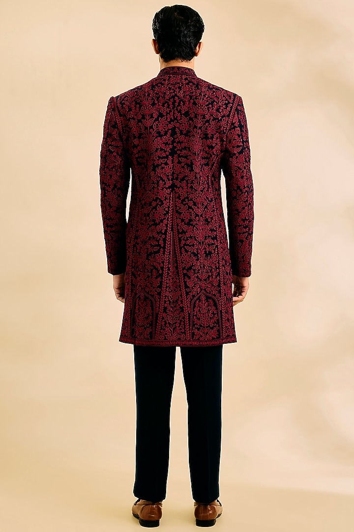 Wine & Navy Sandwash Fabric Groom Indowestern Set by Sarab Khanijou at Pernia's Pop Up Shop